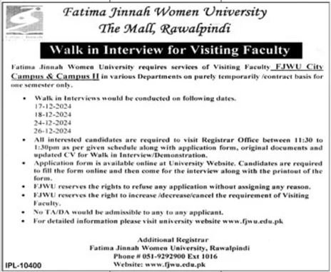 Latest Jobs in Education Posts at Fatima Jinnah Women University  Rawalpindi 2024